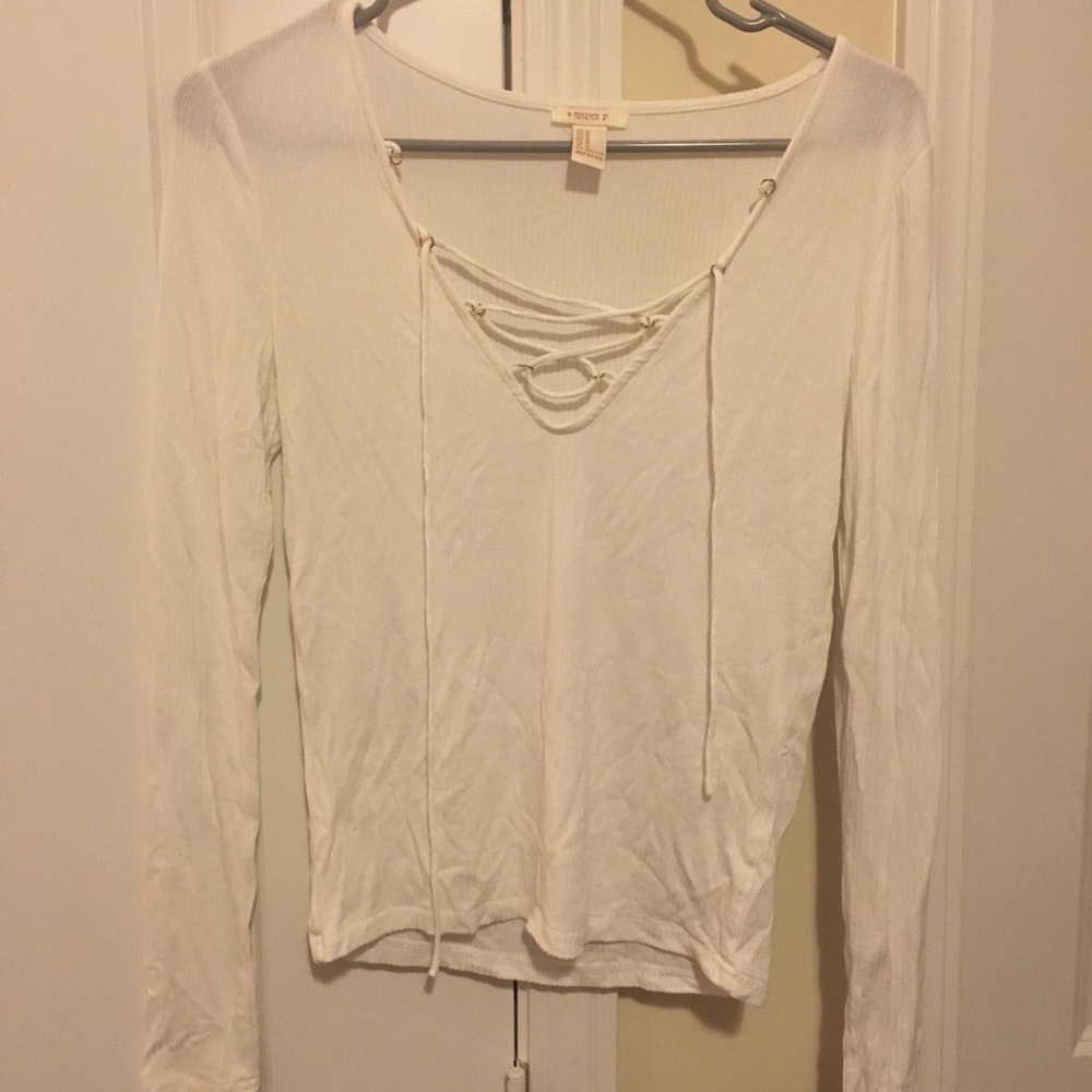 White lace-up long sleeve top, Forever21 Size M